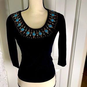 Joseph A black sweater with faux turquoise beads